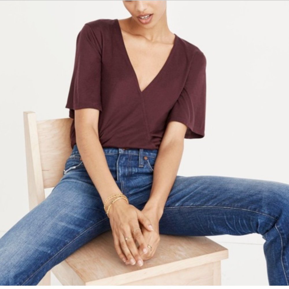 MADEWELL BURGUNDY V-NECK FAUX WRAP DRAPEY BODYSUIT